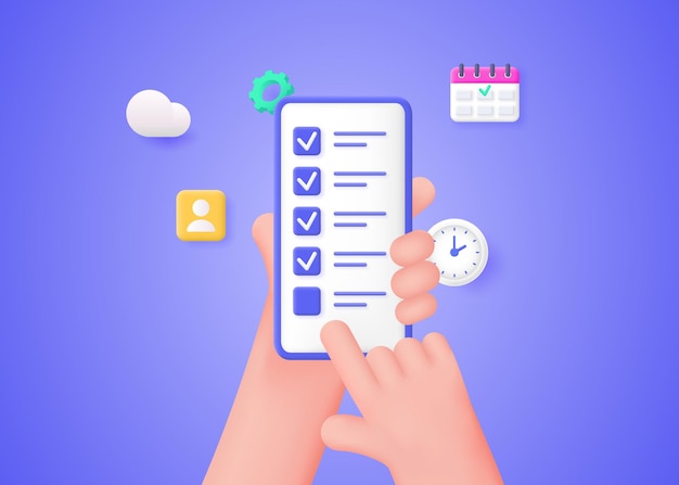 Il concetto di completare con successo le attività aziendali. Le mani tengono uno smartphone con una lista di controllo. Illustrazione di vettore 3d.