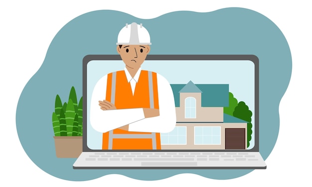 Il concetto di consultazione online in costruzione Laptop con l'immagine di un costruttore ingegnere e una casa