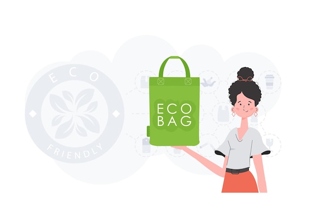 Il concetto di ecologia e cura per l'ambiente La ragazza tiene in mano una BORSA ECO Illustrazione delle tendenze della moda in vettore