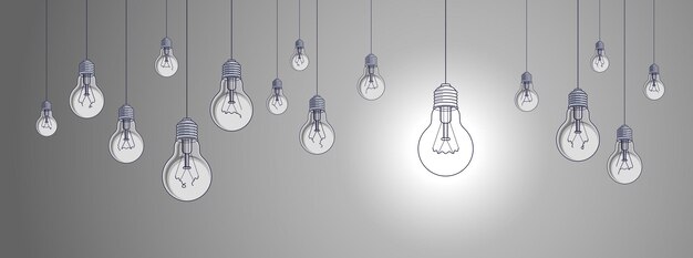 Il concetto di idea, pensa in modo diverso, l'illustrazione vettoriale del gruppo di lampadine con una sola splende, l'ispirazione creativa, sii speciale, la leadership.