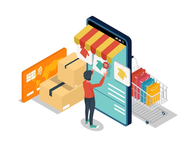 Il concetto di illustrazione isometrica di e-commerce con carattere seleziona gli articoli sul negozio online sul telefono cellulare.