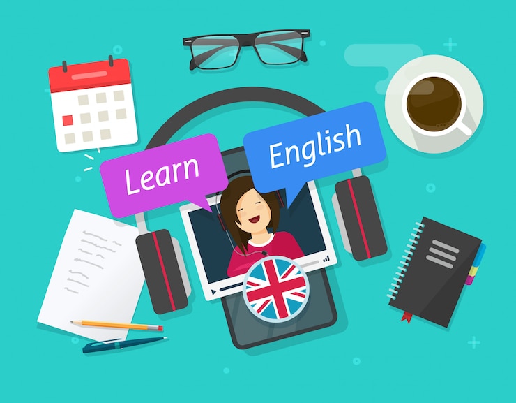 Vettore il concetto di istruzione di impara l'inglese online sul telefono cellulare o studia la lingua straniera sulla lezione mobile dello smartphone sull'illustrazione piana del fumetto della tavola dello scrittorio del lavoro