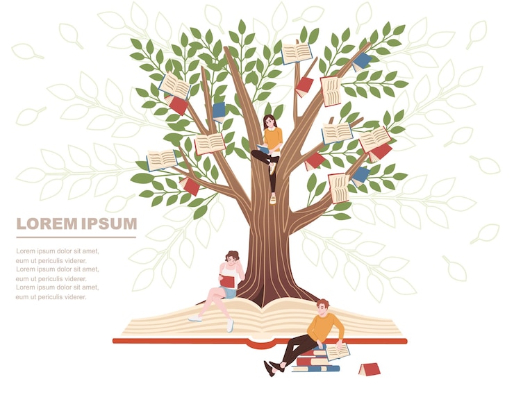 Vettore il concetto di istruzione libri la crescita sull'albero e le persone che studiano il personaggio dei cartoni animati design piatto illustrazione vettoriale su sfondo bianco