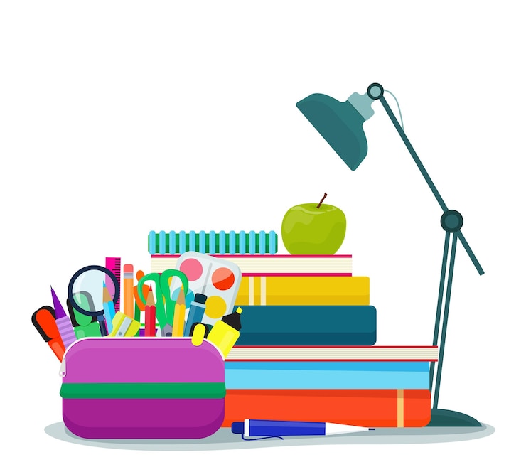 Vettore il concetto di istruzione una pila di libri e libri di testo un astuccio con cancelleria una mela