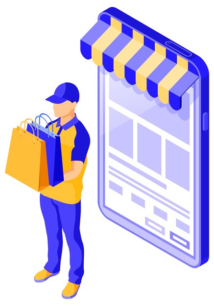 Il concetto di logistica di consegna dello shopping online isometrico acquista online tramite smartphone con il fattorino delle merci di consegna delle borse con l'illustrazione vettoriale isolata delle borse