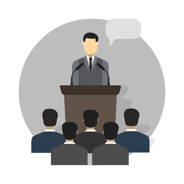 Il concetto di progettazione di conferenza ha messo con le icone piane di addestramento di presentazione della classe principale isolate l'illustrazione di vettore