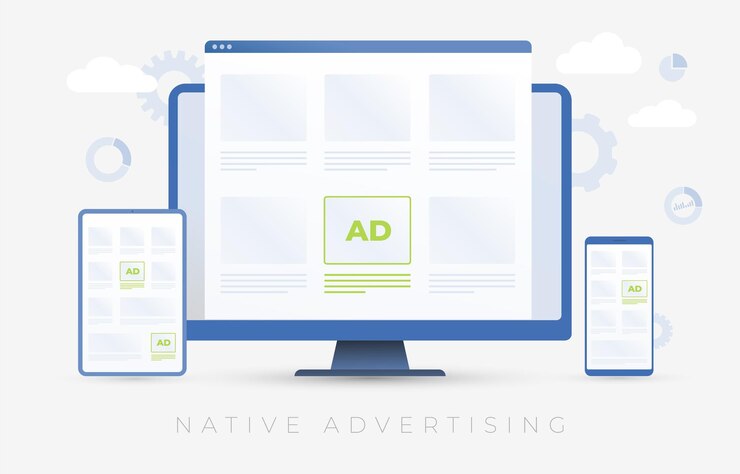 Il concetto di pubblicità nativa visualizzato su vari dispositivi mobili e gadget