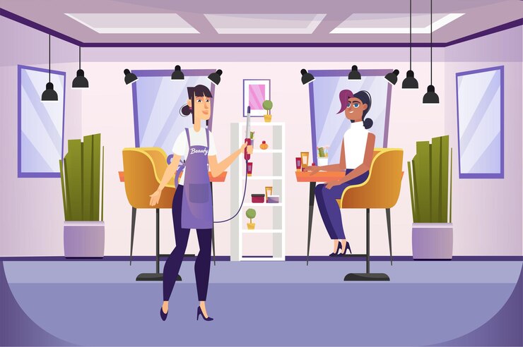 Vettore il concetto di salone di bellezza con la scena di persone sullo sfondo lo stilista di design dei cartoni animati rende bello