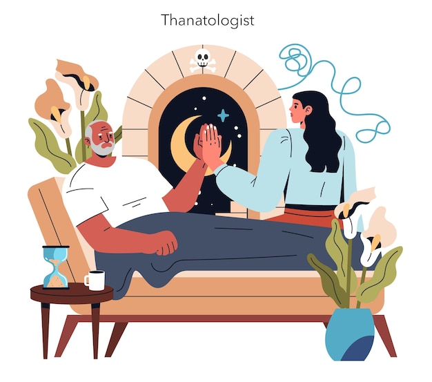 Il concetto di Thanatologia un consigliere che conforta una persona in lutto con uno sfondo di un portale cosmico