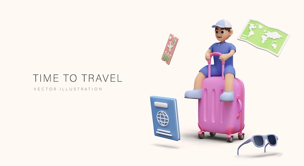 Il concetto di viaggiare con i bambini il bambino allegro è seduto su una valigia