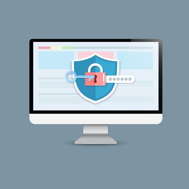 Il concetto è la sicurezza dei dati Accesso al successo Scudo sul desktop del computer Design vettoriale