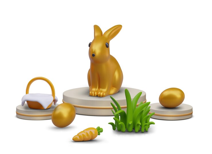 Vettore il concetto vettoriale di pasqua in lussuoso stile d'oro con l'uovo del cesto del coniglio su stand