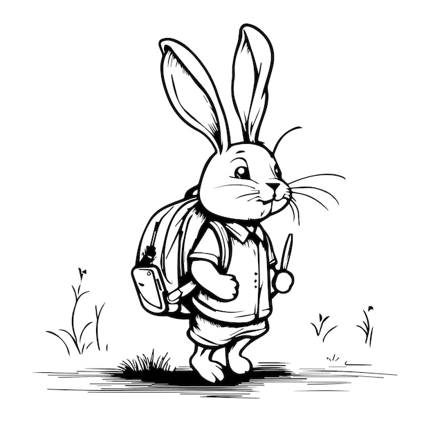 Il coniglietto va a scuola disegno di personaggi carino coniglio scolaretto comico sta arrivando doodle comico