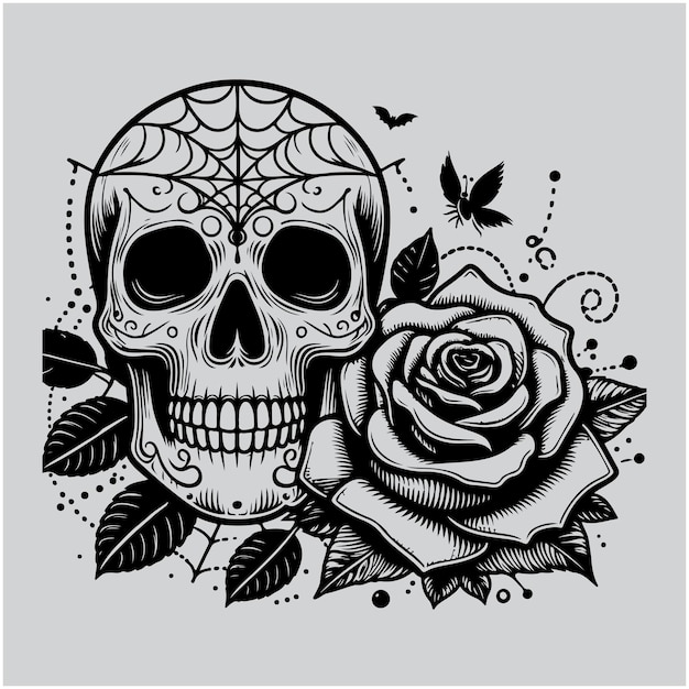 Il cranio di Halloween con una rosa illustrazione vettoriale isolata