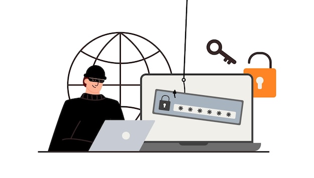 Il criminale dietro un laptop, computer. Miniere nascoste. Notifiche di phishing. Hacking dell'account. Un truffatore ruba una carta di credito. Sicurezza della rete. Phishing su Internet, nome utente e password violati.