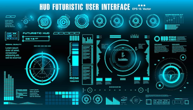 Il cruscotto dell'interfaccia utente blu futuristica dell'HUD mostra l'obiettivo dello schermo della tecnologia della realtà virtuale