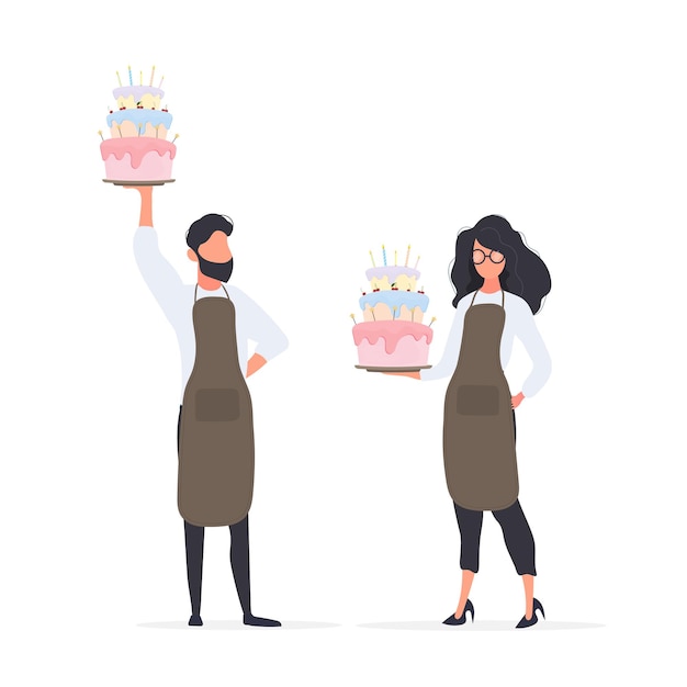 Il cuoco della ragazza tiene una torta di compleanno. Il ragazzo sta tenendo una torta. Buono per articoli di compleanno e banner. Vettore.