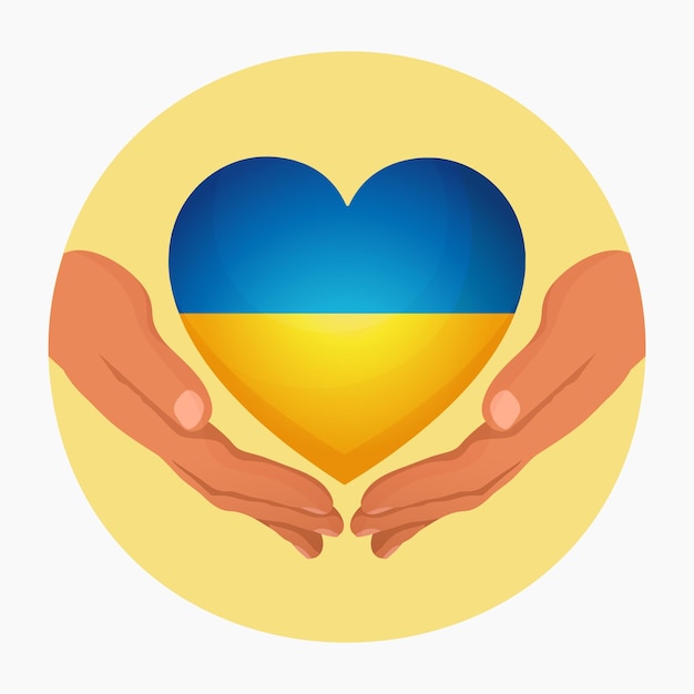 Il cuore nella bandiera ucraina colora le mani su uno sfondo giallo Simbolo di pace Supporto per l'Ucraina