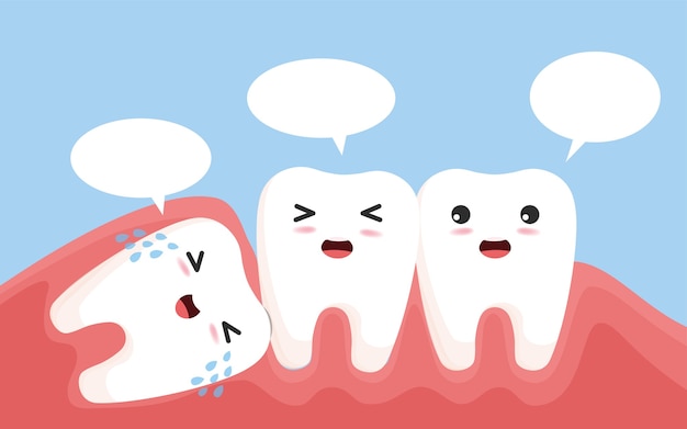 Il dente del giudizio spinge l'altro dente. Carattere del dente del giudizio colpito che spinge i denti adiacenti causando infiammazione, mal di denti, dolore alle gengive.