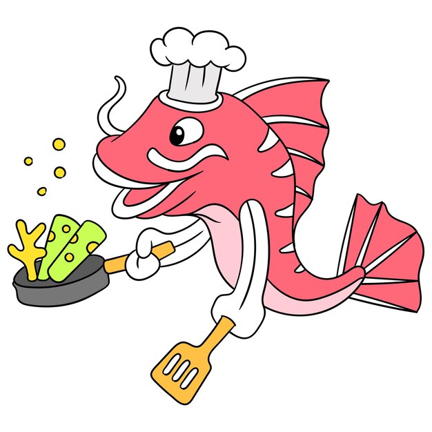 Il dentice sta cucinando come chef che tiene una padella, arte dell'illustrazione di vettore. scarabocchiare icona immagine kawaii.