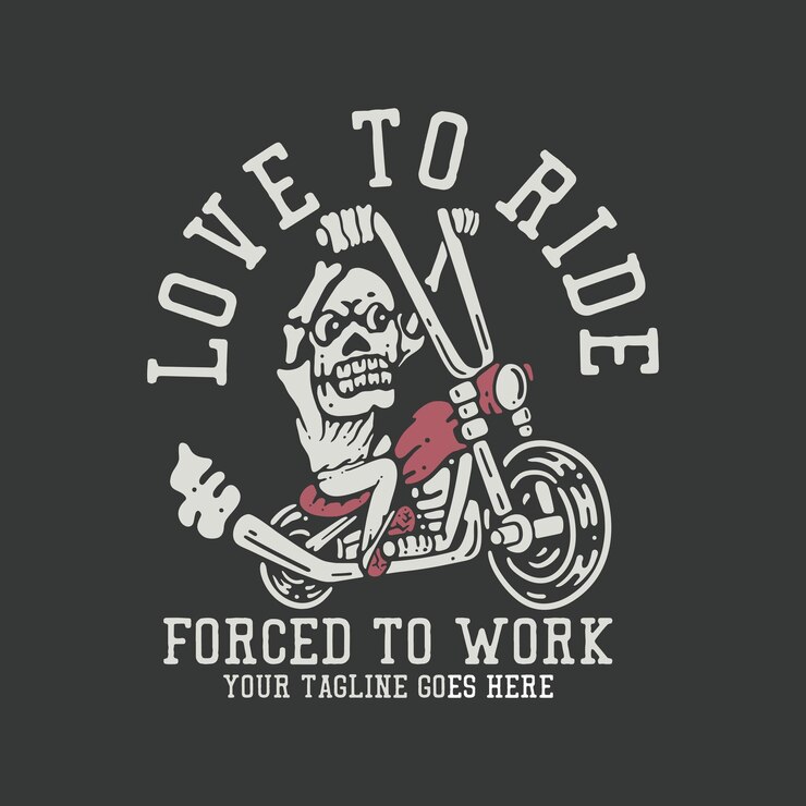 Vettore il design della maglietta ama guidare costretto a lavorare con lo scheletro in sella a una moto