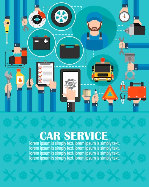 Il design piatto della chiamata online del servizio auto con demolitore e meccanico isolato illustrazione vettorialelorem ipsum è semplicemente testo