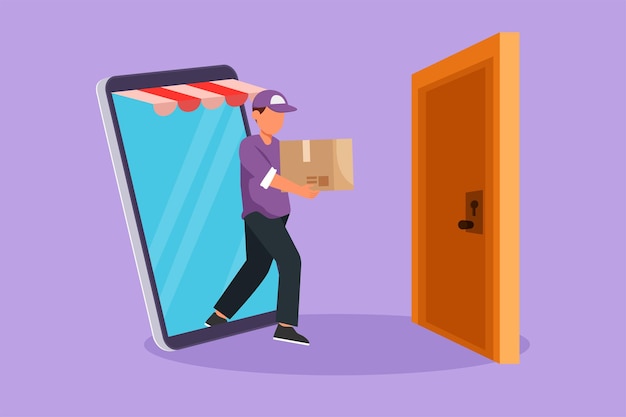 Il disegno in stile piatto del fumetto di un giovane corriere maschio esce dal grande schermo dello smartphone mentre trasporta la scatola del pacco alla porta del cliente Metafora del servizio di consegna online Illustrazione vettoriale di progettazione grafica