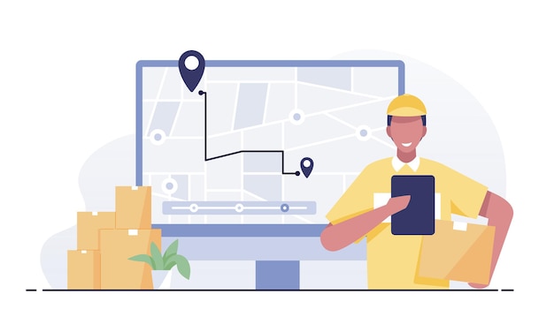 Il fattorino che trasporta i pacchi al GPS mappa lo sfondo dello schermo del computer portatile.