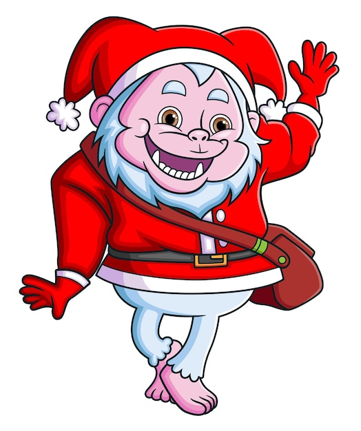 Il felice nano yeti con il costume di Babbo Natale sta agitando la mano e salutando la gente