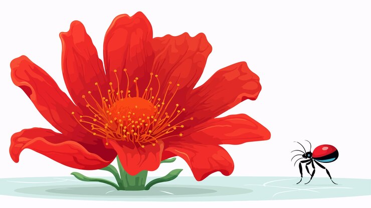 Vettore il fiore gigante accanto all'illustrazione della formica rossa