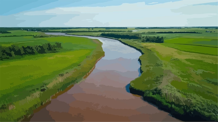 Vettore il fiume fangoso scorre in un paesaggio verde lussureggiante vista aerea