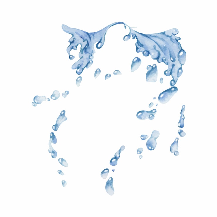 Vettore il flusso d'acqua spruzza bolle onde con gocce cubetti di ghiaccio disegnati a mano in acquerello liquido blu che versa