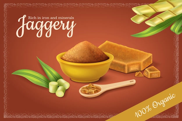 Il fondo realistico del dolcificante sano naturale del sagù con la polvere di canna da zucchero e l'illustrazione di vettore dei blocchi