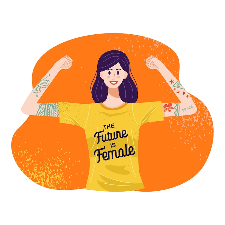Vettore il futuro è il concetto femminile, illustrazione di una donna tatuata in piedi con le braccia alzate.