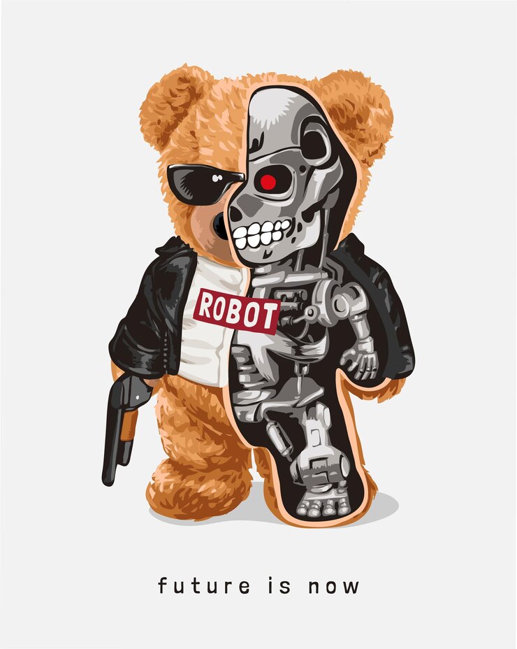 il futuro è ora uno slogan con l'illustrazione del mezzo robot giocattolo dell'orso