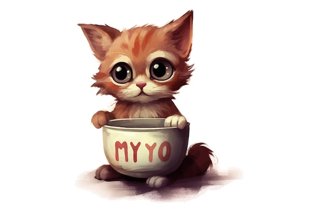 Il gattino del fumetto mangia la minestra in una ciotola Illustrazione di vettore