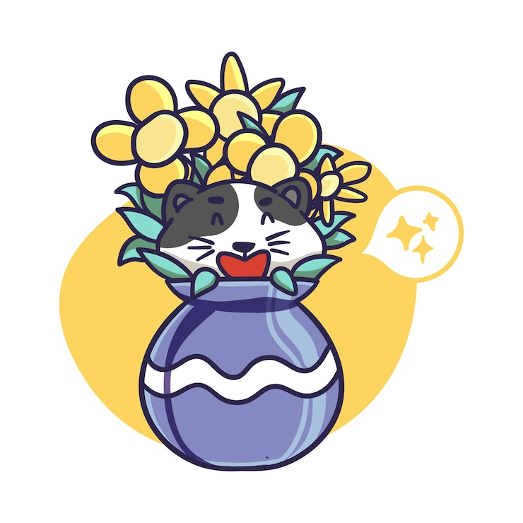 Vettore il gatto felice sveglio si nasconde dentro un'illustrazione del vaso di fiori