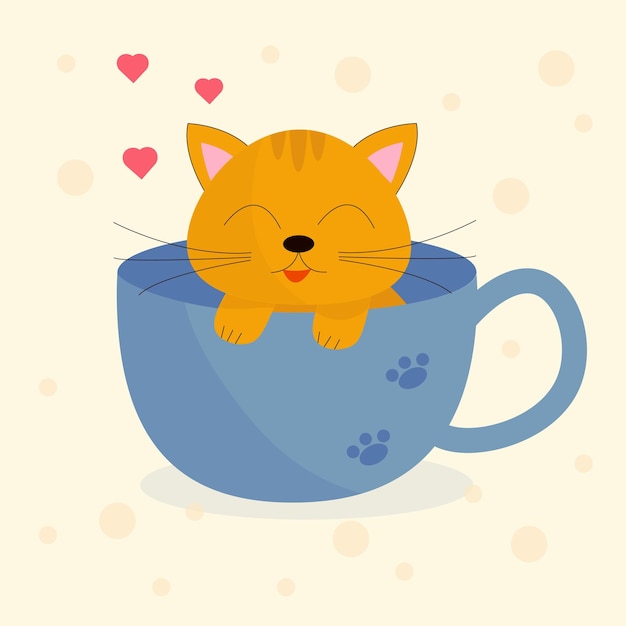 Il gatto marrone sveglio divertente si siede in una cartolina dal design piatto della tazza