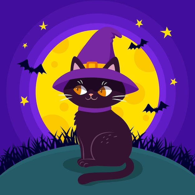 Il gatto nero di Halloween con il cappello da strega si siede sull'erba vicino alla luna piena