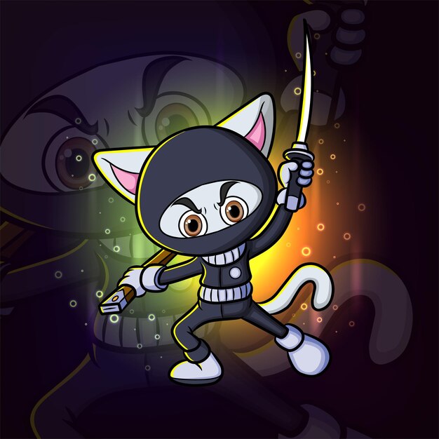 Il gatto ninja con il logo del design della mascotte esport della spada