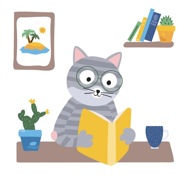 Il gatto sta leggendo un libro Illustrazione vettoriale in stile piatto
