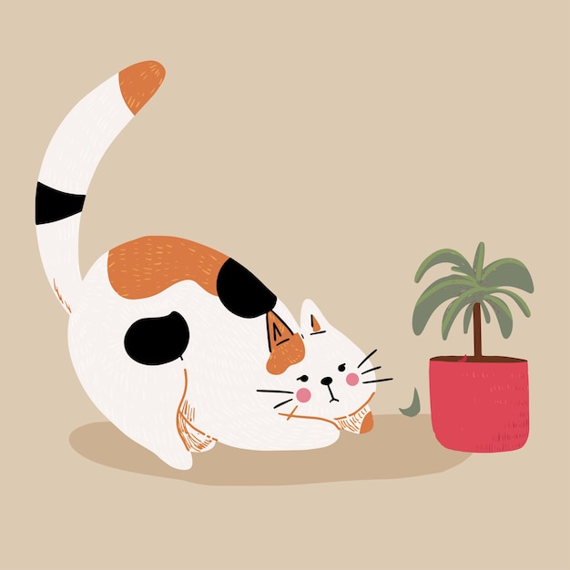 Il gatto sveglio del fumetto gioca con la pianta