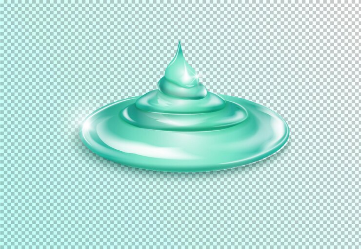 Il gel trasparente spremuto gocciola dalla forma. Forma di detersivo per piatti e gel detergente su uno sfondo trasparente. Realistico