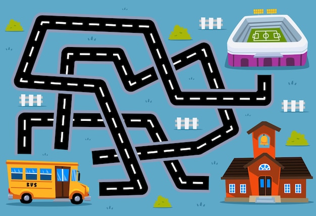 Il gioco di puzzle labirinto per bambini aiuta l'autobus di trasporto dei cartoni animati a trovare la strada giusta per la scuola o lo stadio