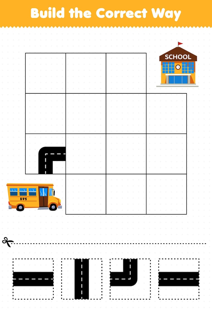Vettore il gioco educativo per i bambini costruisce il modo corretto per aiutare l'autobus a spostarsi a scuola