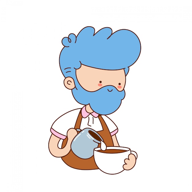 Il giovane barista divertente sveglio produce il caffè. personaggio dei cartoni animati illustrazione icona design.Isolato su sfondo bianco