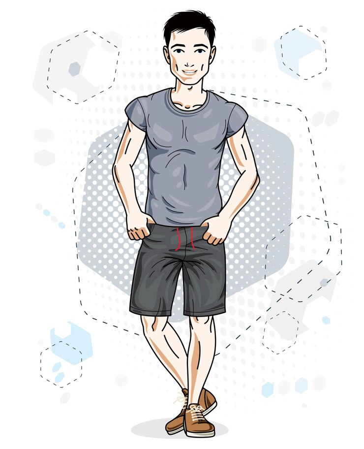Vettore il giovane bello del brunette posa su fondo moderno con gli esagoni. illustrazione vettoriale del maschio. clipart a tema stile di vita.