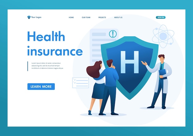 Il giovane medico offre un'assicurazione sanitaria alla coppia Concetti della pagina di destinazione del personaggio piatto 2D e del web design