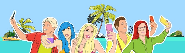 Il gruppo di persone prende lo Smart Phone delle fotocamere Selfie Photo Beach