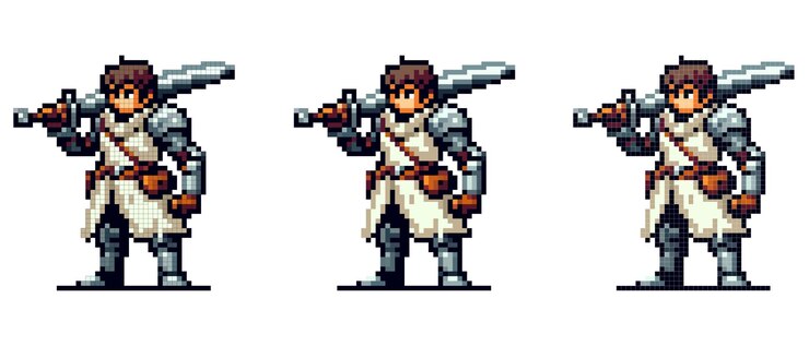 Il guerriero pixel si trova con fiducia tenendo una grande spada indossando un'armatura e una tunica bianca con una cintura marrone e una borsa